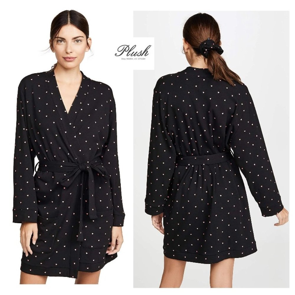 REVOLVE x PLUSH Cozy Heart Soft Fleece-Lined Robe + Scrunchie Set, Black M NWT